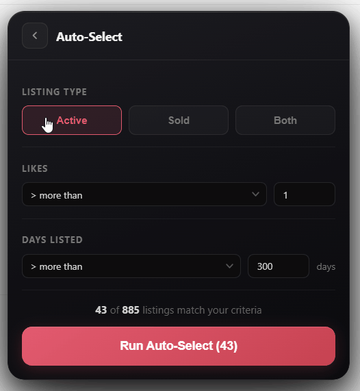 Auto-Select criteria panel open on Depop